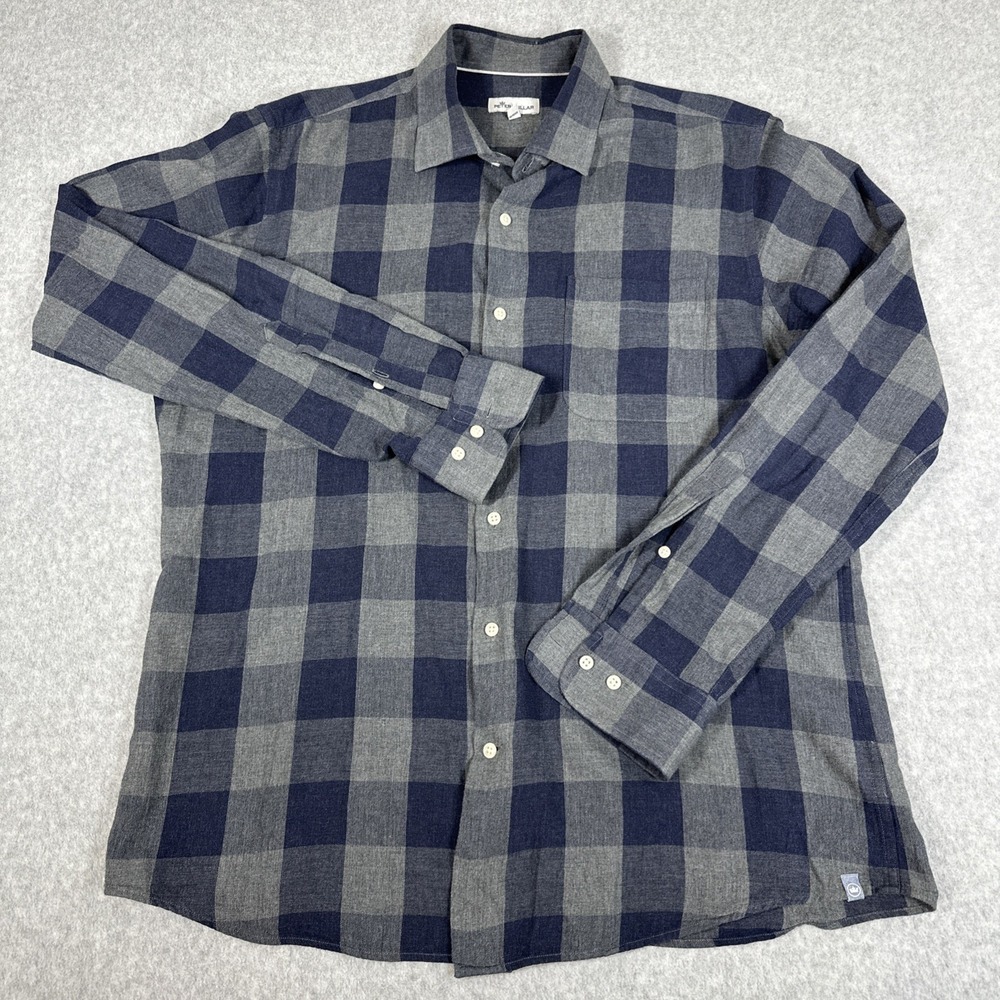 Peter Millar Men's Button Up Size Large Checkered Long Sleeve Shirt Gray‎ Blue